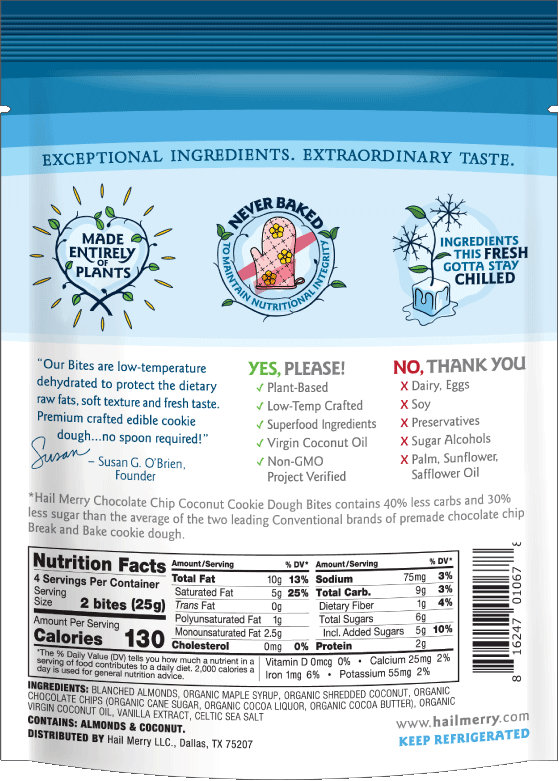 Back of No bake Paleo Chocolate Chip Cookie Dough Bites bag. Organic. Healthy Vegan Snacks