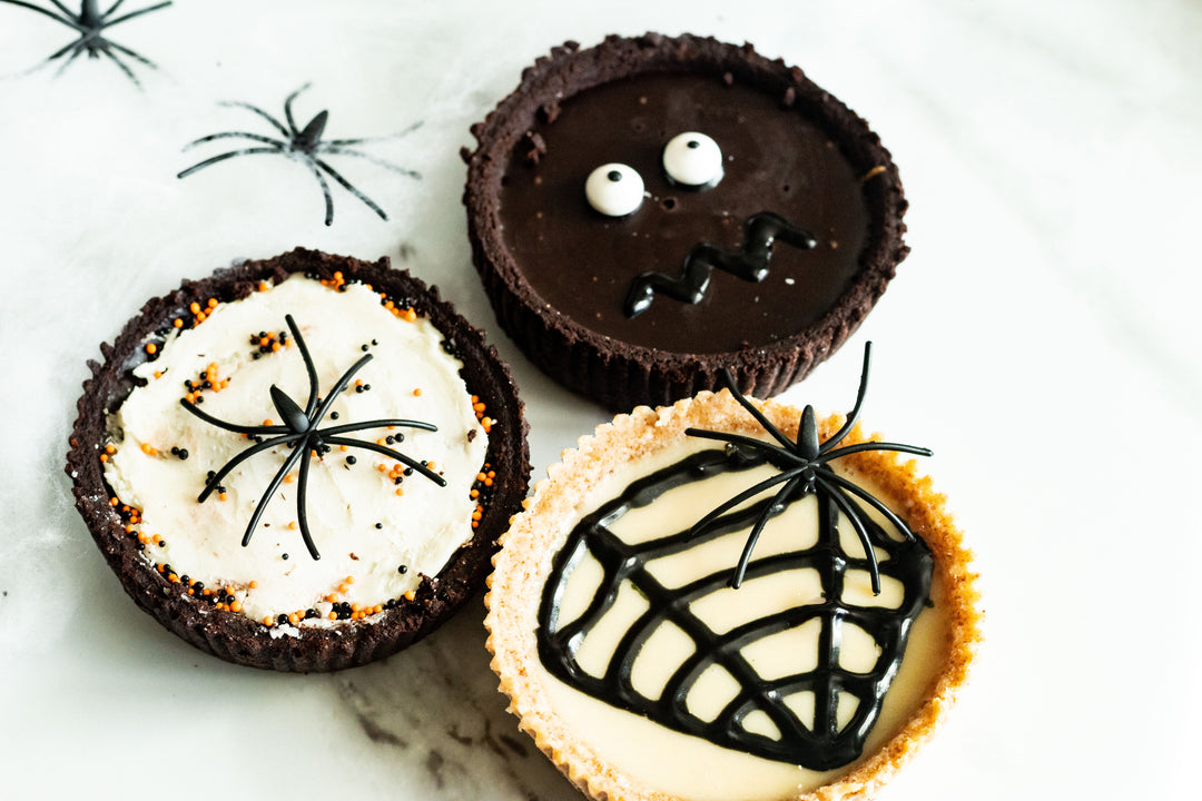 Hail Merry Chocolate and Lemon Tarts decorated for Halloween.  No added Sugar. Vegan. Paleo.  Healthy Snacks 