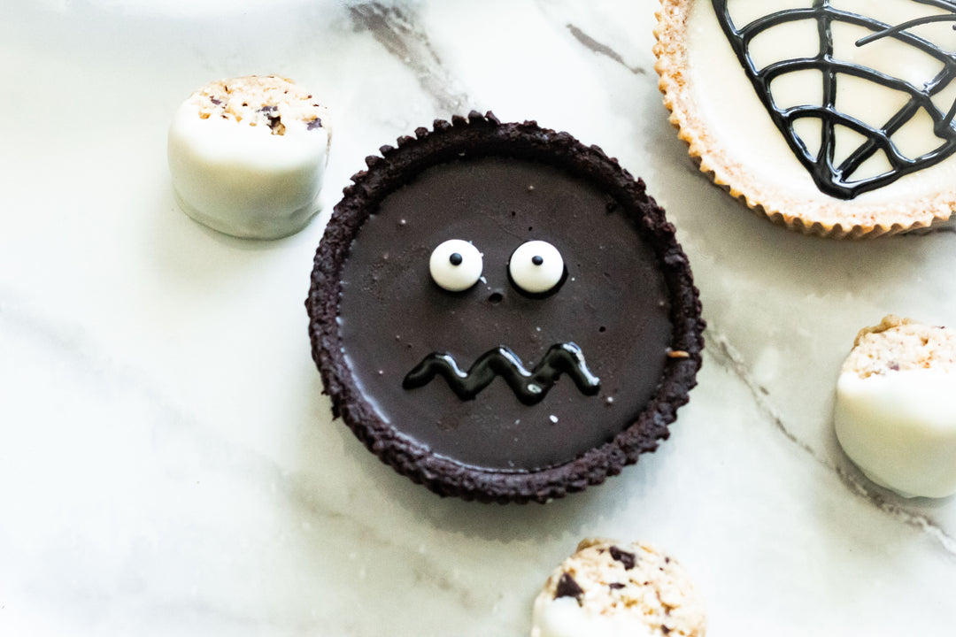 Hail Merry No bake Chocolate Almond Butter Tart decorated for Halloween.  No added Sugar. Dairy Free. Gluten Free. Healthy Snacks 