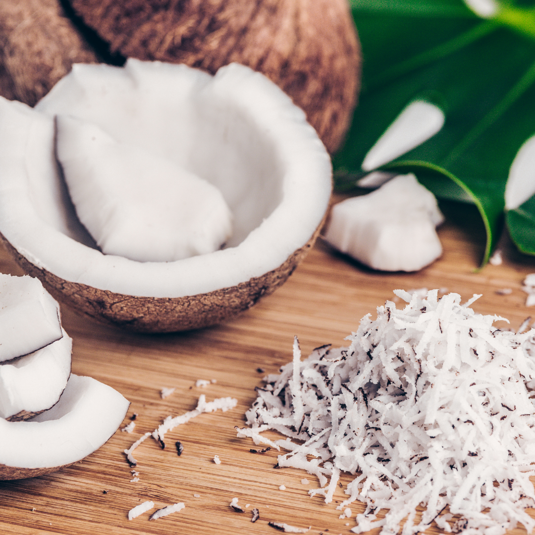 Shredded coconut a good source of fiber used in our plant-based gluten free desserts snacks 