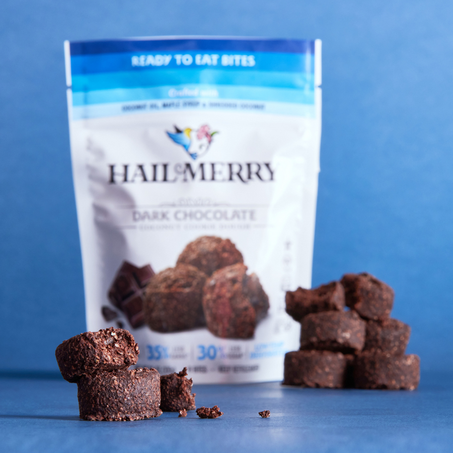 Vegan Dairy Free No bake Dark Chocolate Cookie Dough Bites outside of packaging 