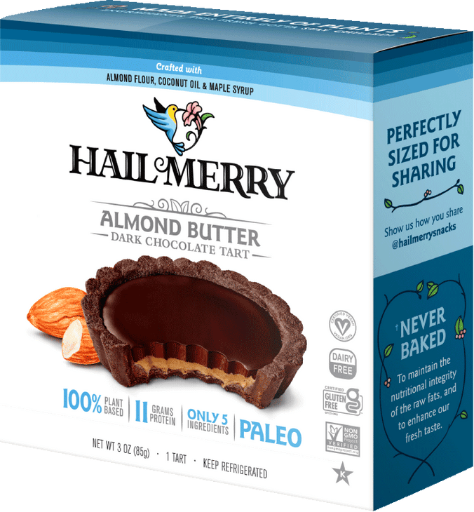 Box of Hail Merry No Bake Chocolate Almond Butter Tart.  Packaged Snack. Vegan. Organic. Gluten Free. No added sugar
