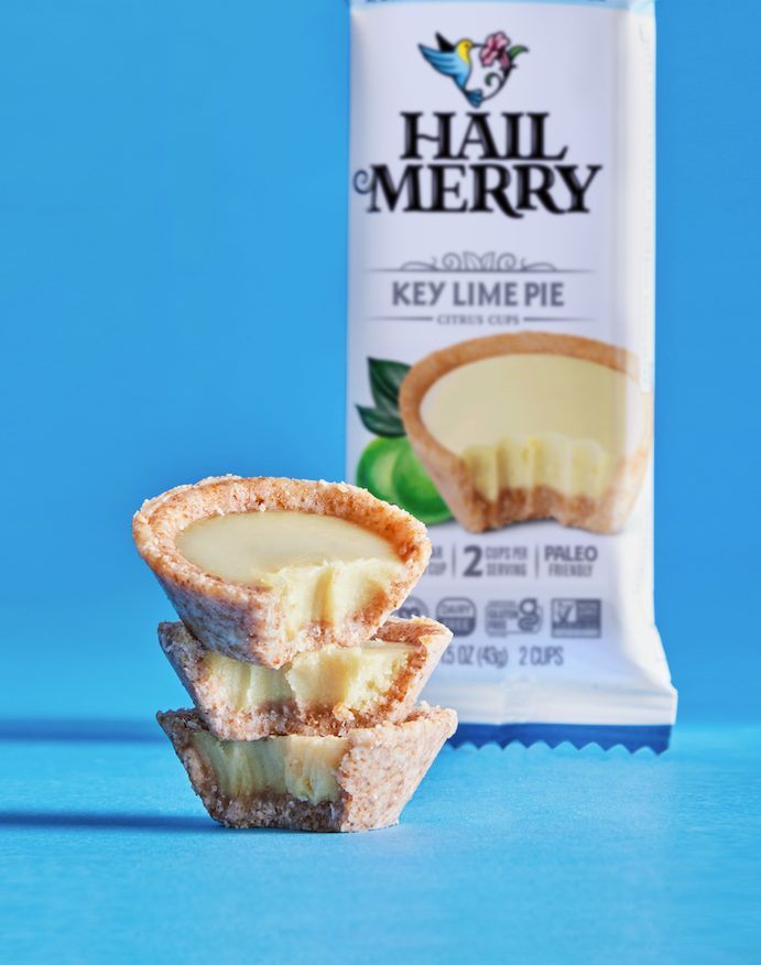 Stack of three Hail Merry Mini Key Lime Cups.  Vegan. Gluten Free. Organic. Buy Online
