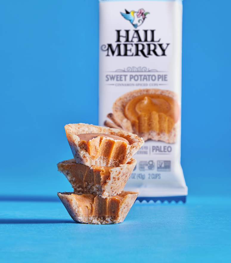 Stack of three Hail Merry Mini No Bake Sweet Potato Pie cups outside of package.  Organic. Vegan. Healthy Snack